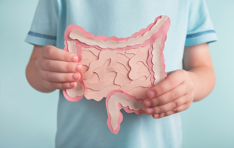 Child holding a paper image of a gut microbiome